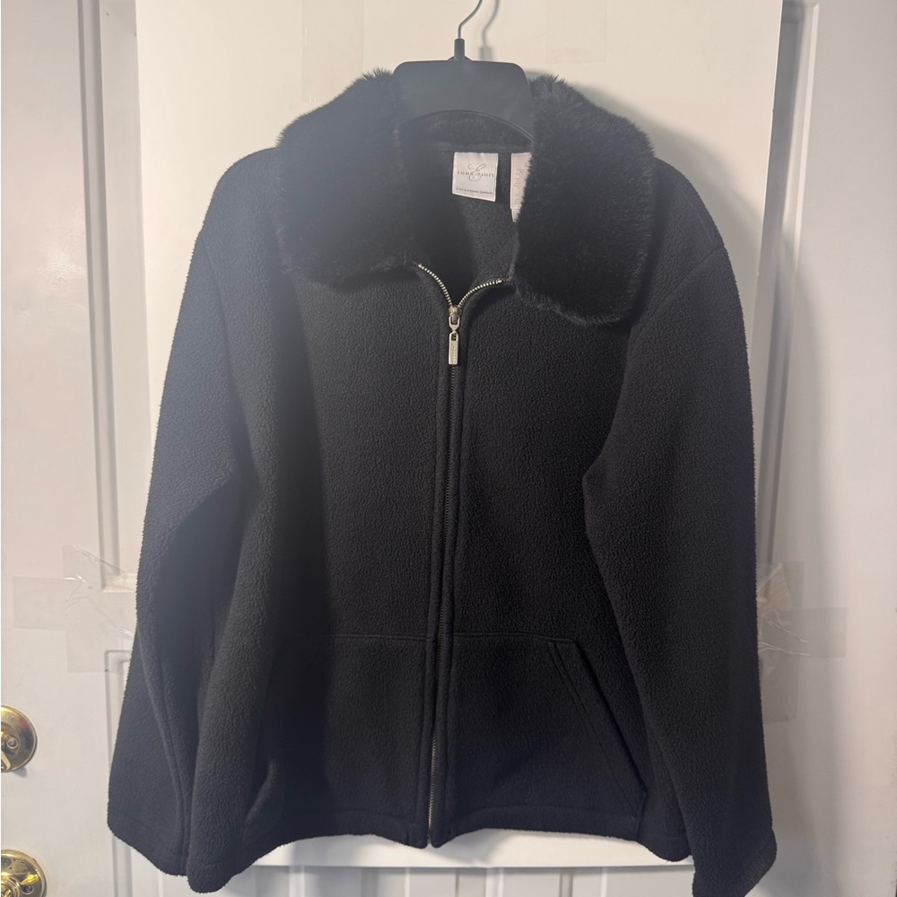 Emma James Black Fleece Jacket w/ Faux Fur Collar Size S Cozy Zip Front Coat - Picture 3 of 9